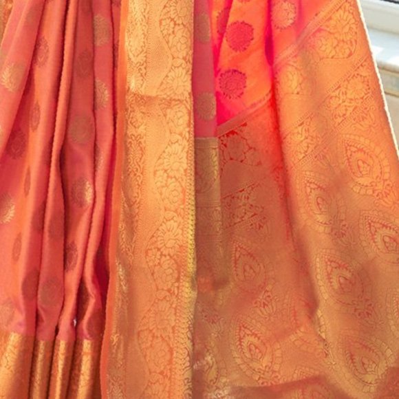 JHEAPS CORAL PINK ZARI WOVEN BANARASI HANDLOOM SILK SAREE - Picture 2 of 3